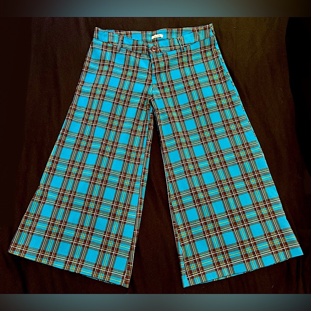 Vintage Y2K Wide Leg Copped Plaid Pants -Blue/Black; M